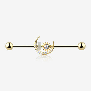 Golden Sparkle Moon and Starburst Industrial Barbell-Clear Gem